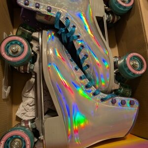 Holographic Roller Skates with Teal Laces